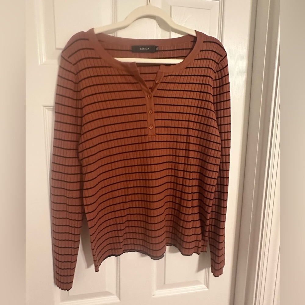 Henley Striped Long Sleeve Top
